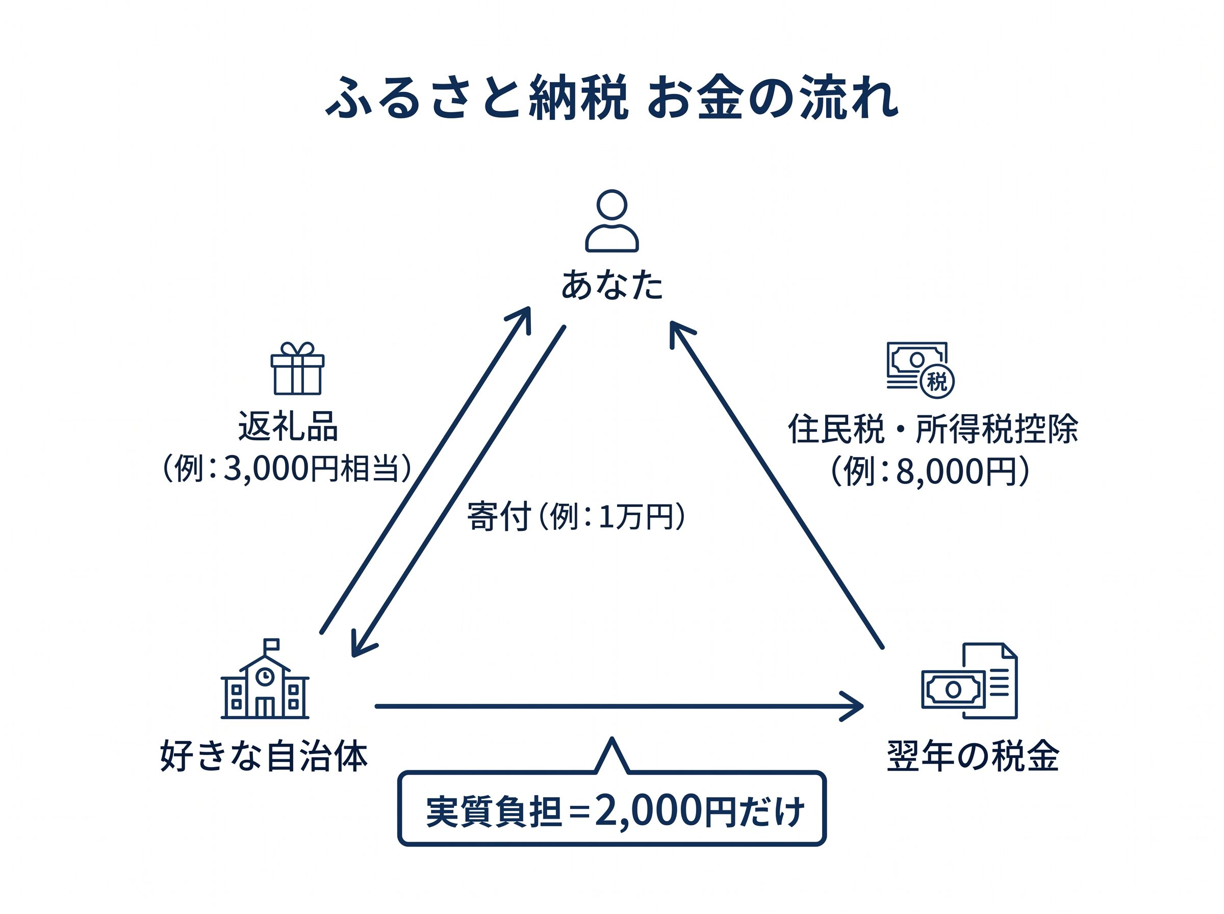 ふるさと納税のお金の流れを示す三角形フロー図解