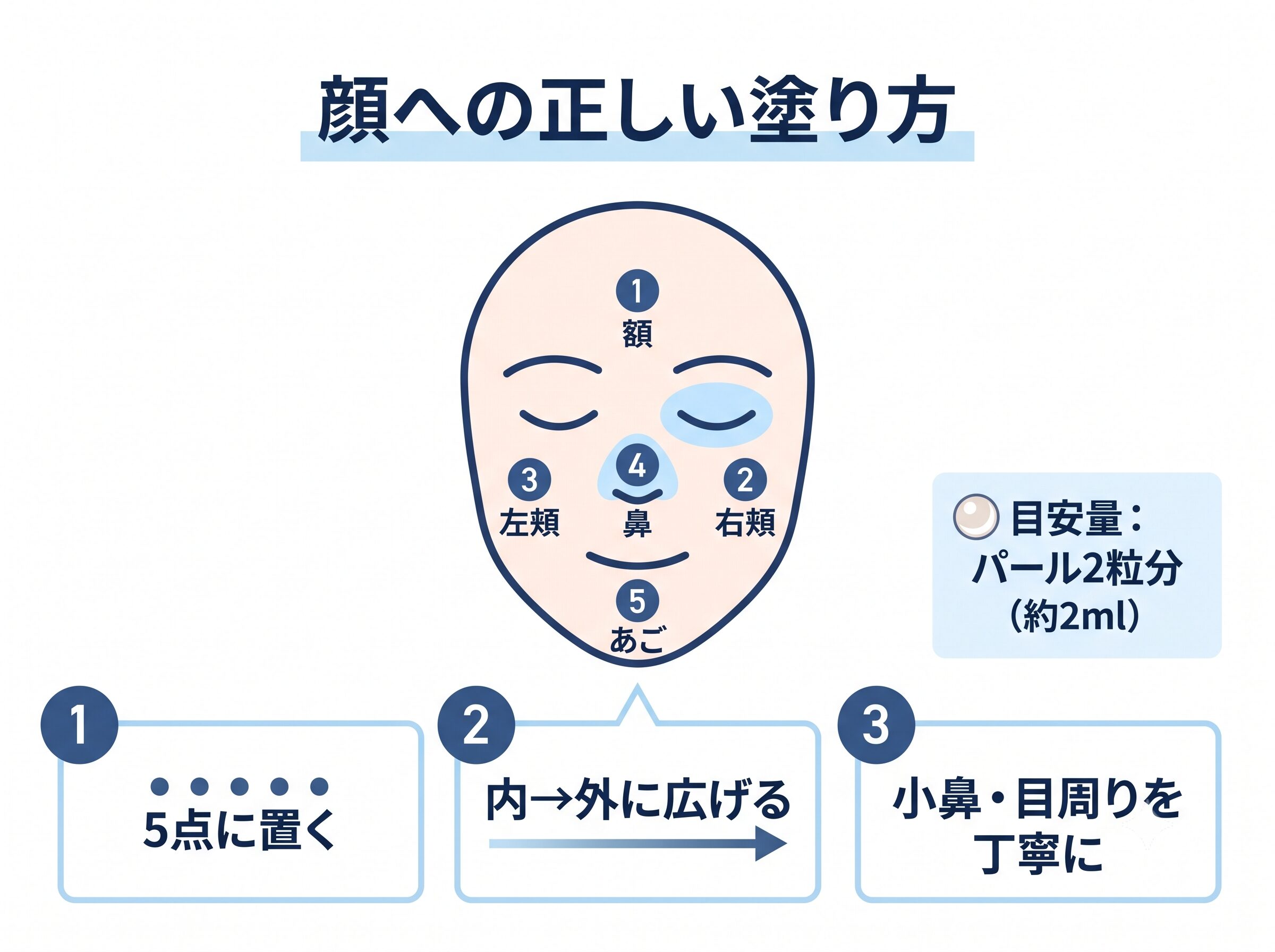 顔への正しい塗り方5ステップ:5点置き・内から外・細部の順番を示す図解