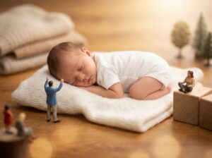 仰向けで眠る赤ちゃんとミニチュア人形が見守る様子