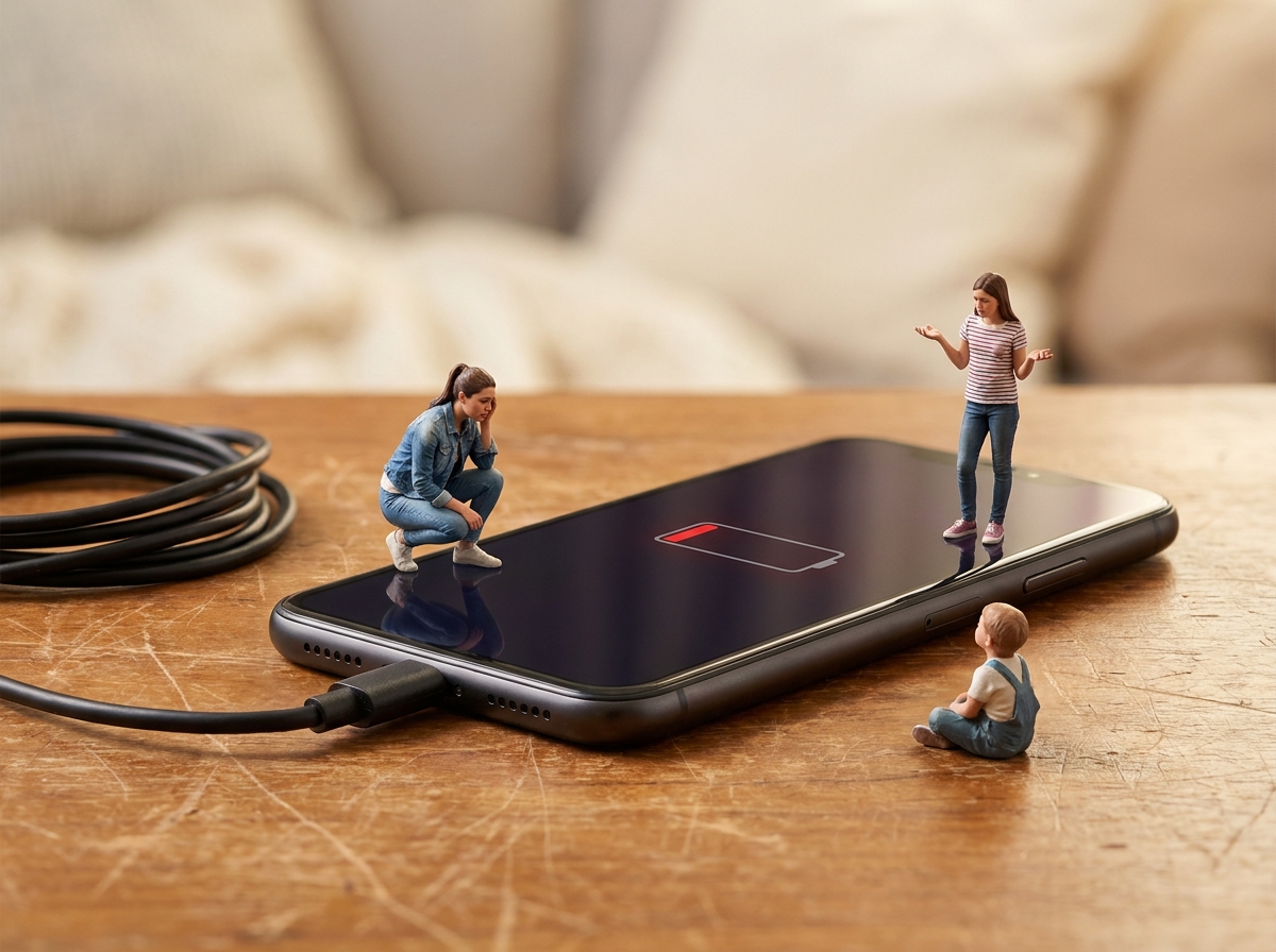 充電切れのスマホを心配そうに見るミニチュア人形（女性・子ども）のジオラマ