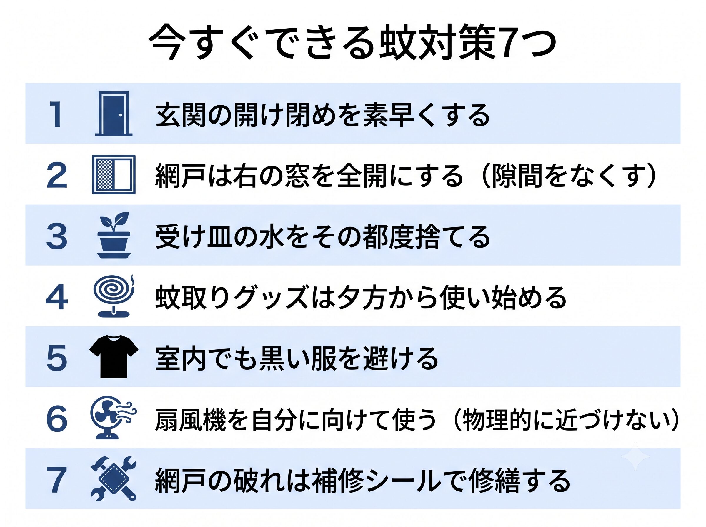 今すぐできる蚊対策7つを番号付きリストで示した図解
