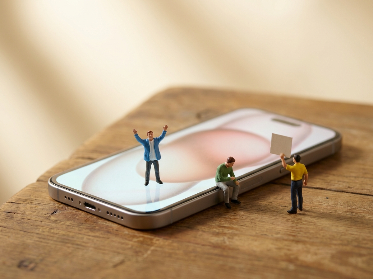 スマートフォンの画面上で驚くミニチュア人形たち
