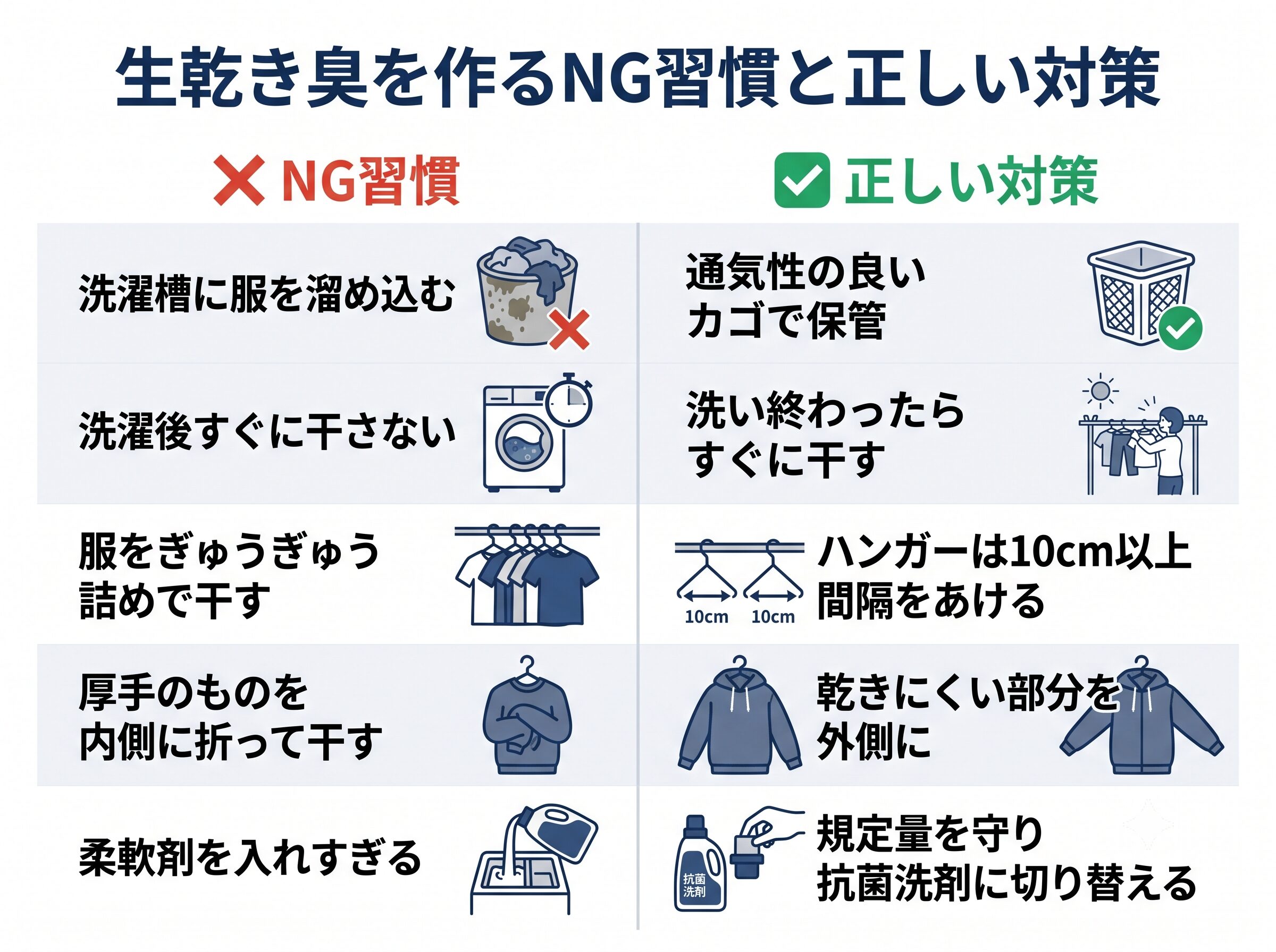 生乾き臭を作るNG習慣5つと正しい対策を並べた対比図解