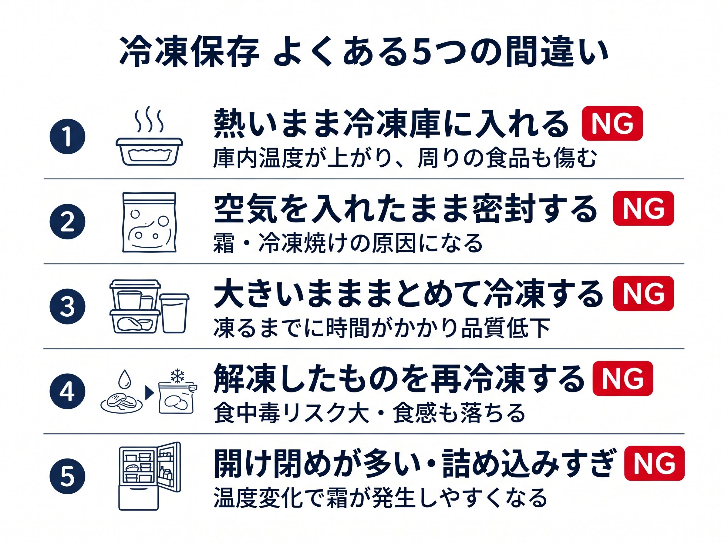 冷凍保存でよくある5つの間違い一覧図解