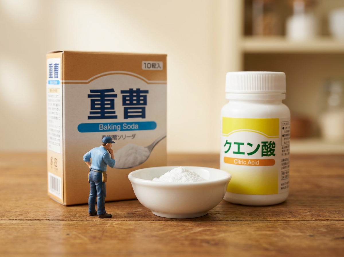 重曹とクエン酸の容器の前に立つミニチュア人形