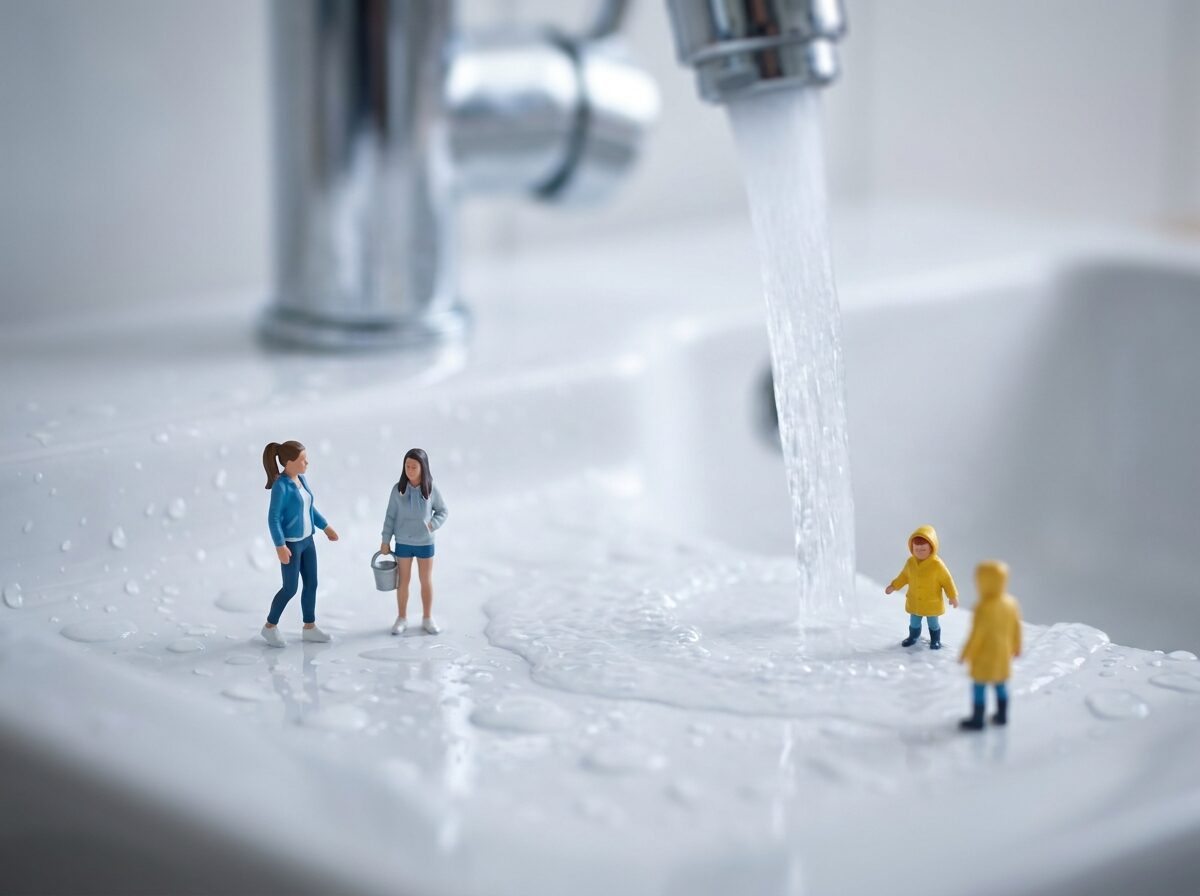 キッチンの蛇口と水滴を地形に見立てたミニチュアジオラマ:節水術のイメージ