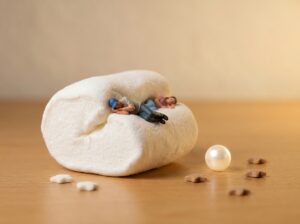 マシュマロの上で眠るミニチュア人形の睡眠イメージ