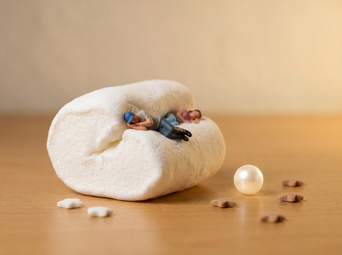マシュマロの上で眠るミニチュア人形の睡眠イメージ
