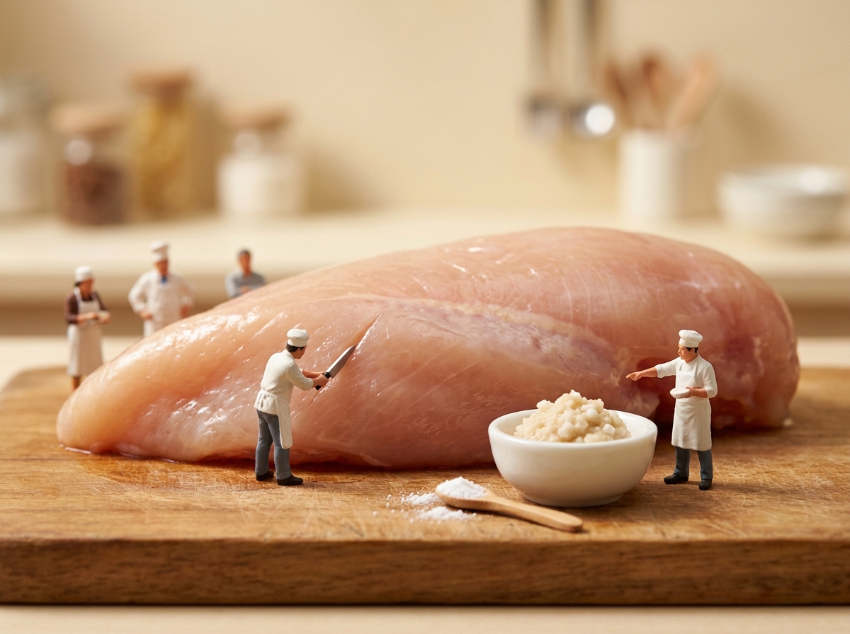 まな板の上の鶏むね肉を前に作業するミニチュア人形