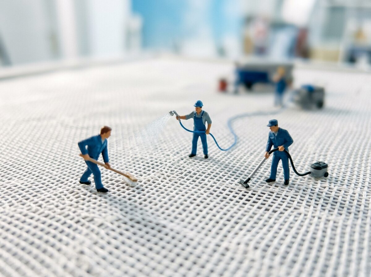 エアコンフィルターを掃除する様子のミニチュアジオラマ
