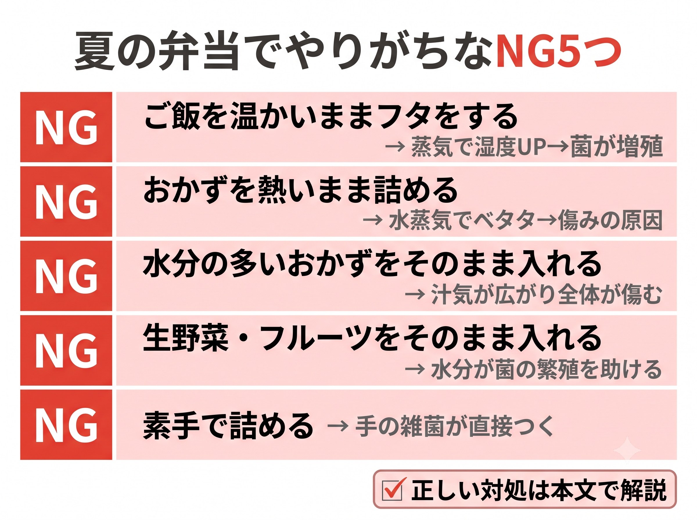 夏の弁当でやりがちなNG5つをNGバッジ付きで一覧にした図解