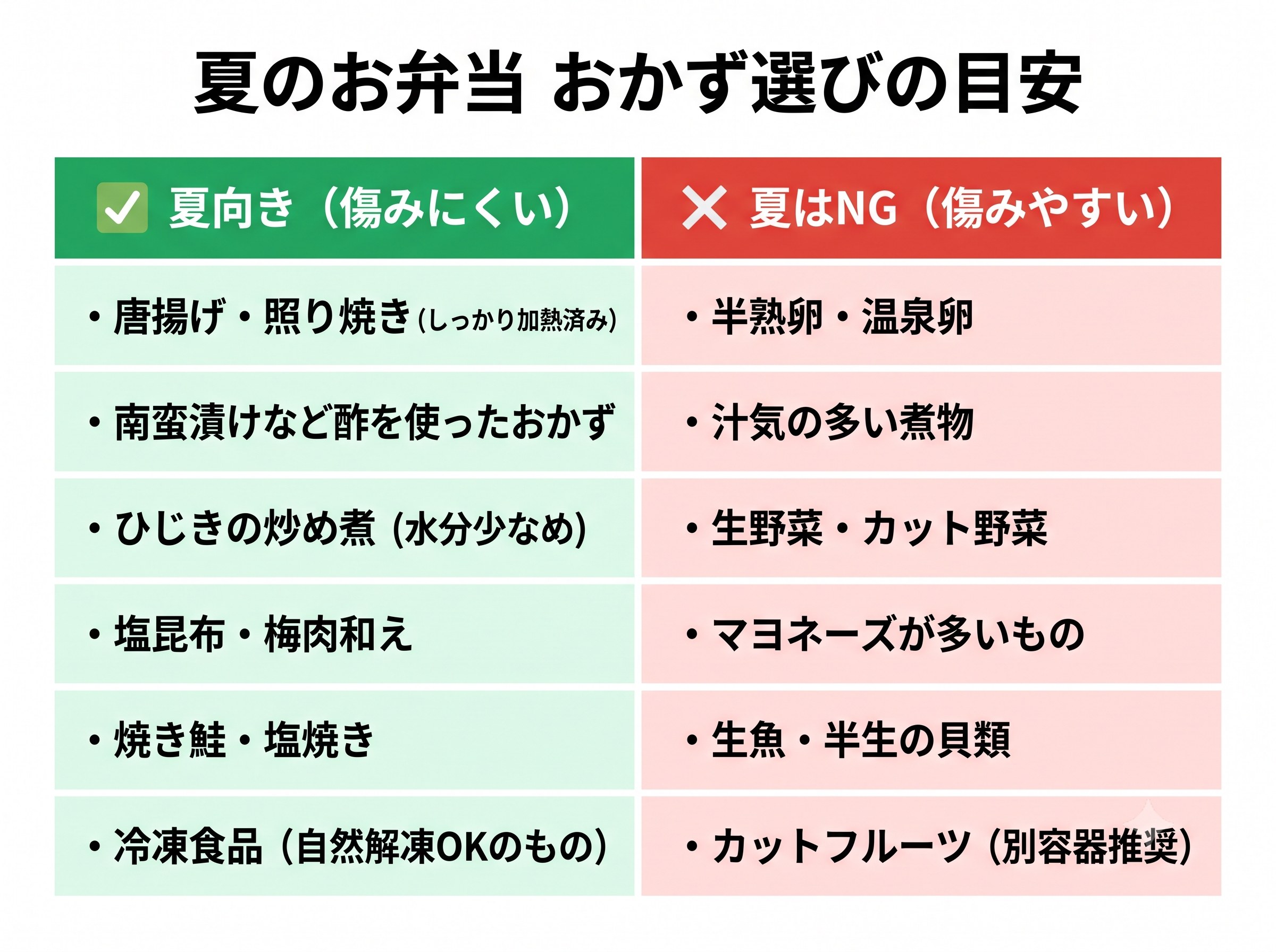夏のお弁当おかず選びの目安：傷みにくいもの・夏はNGなものの2カラム比較表