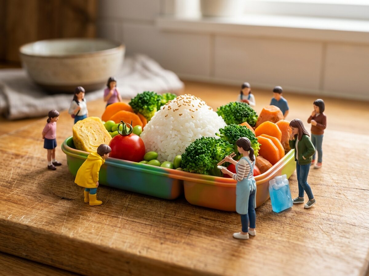 お弁当箱をスタジアムに見立てたミニチュアジオラマ：夏の食中毒対策のイメージ