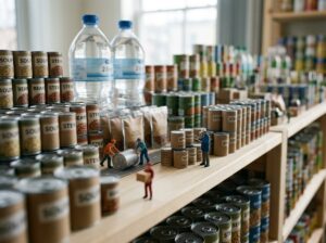 缶詰や水のボトルを倉庫街に見立てたミニチュアジオラマ：防災備蓄のイメージ
