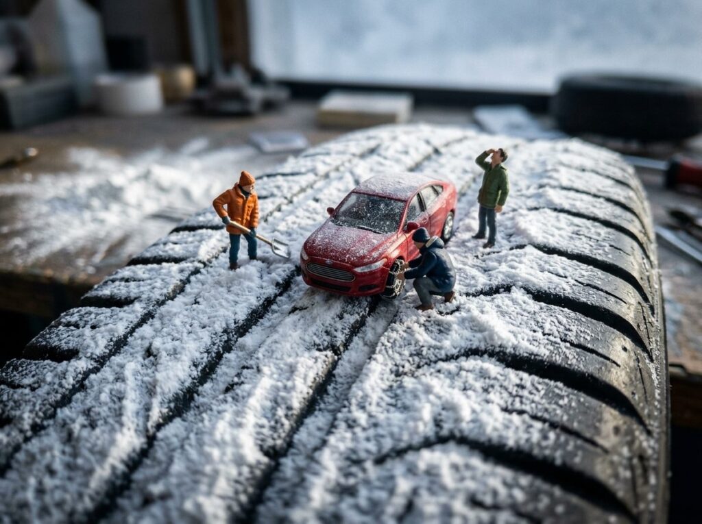 雪の積もったタイヤの溝を峠道に見立てたミニチュアジオラマ：冬のドライブ準備