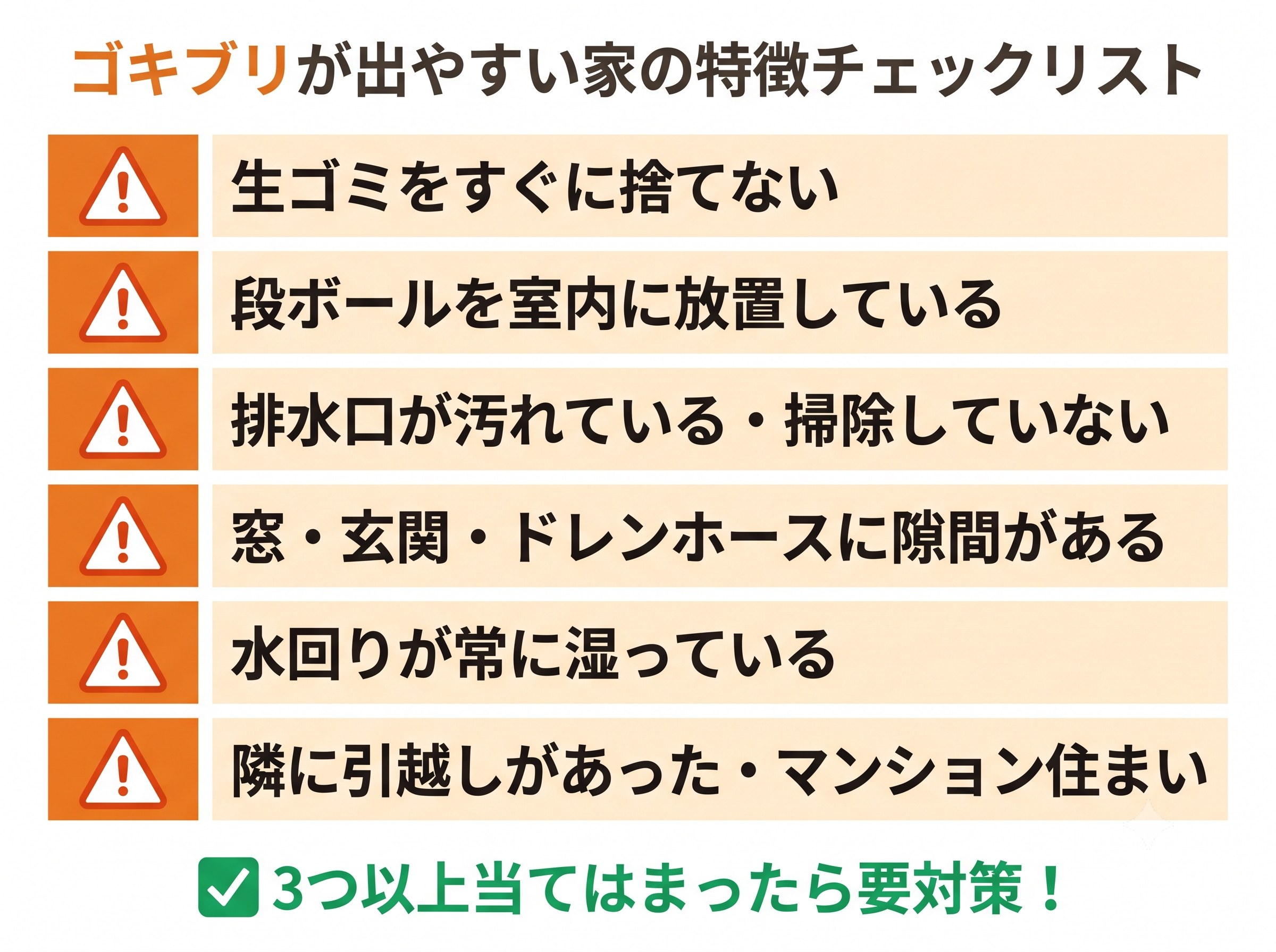 ゴキブリが出やすい家の特徴チェックリスト6項目を警告アイコン付きで一覧にした図解