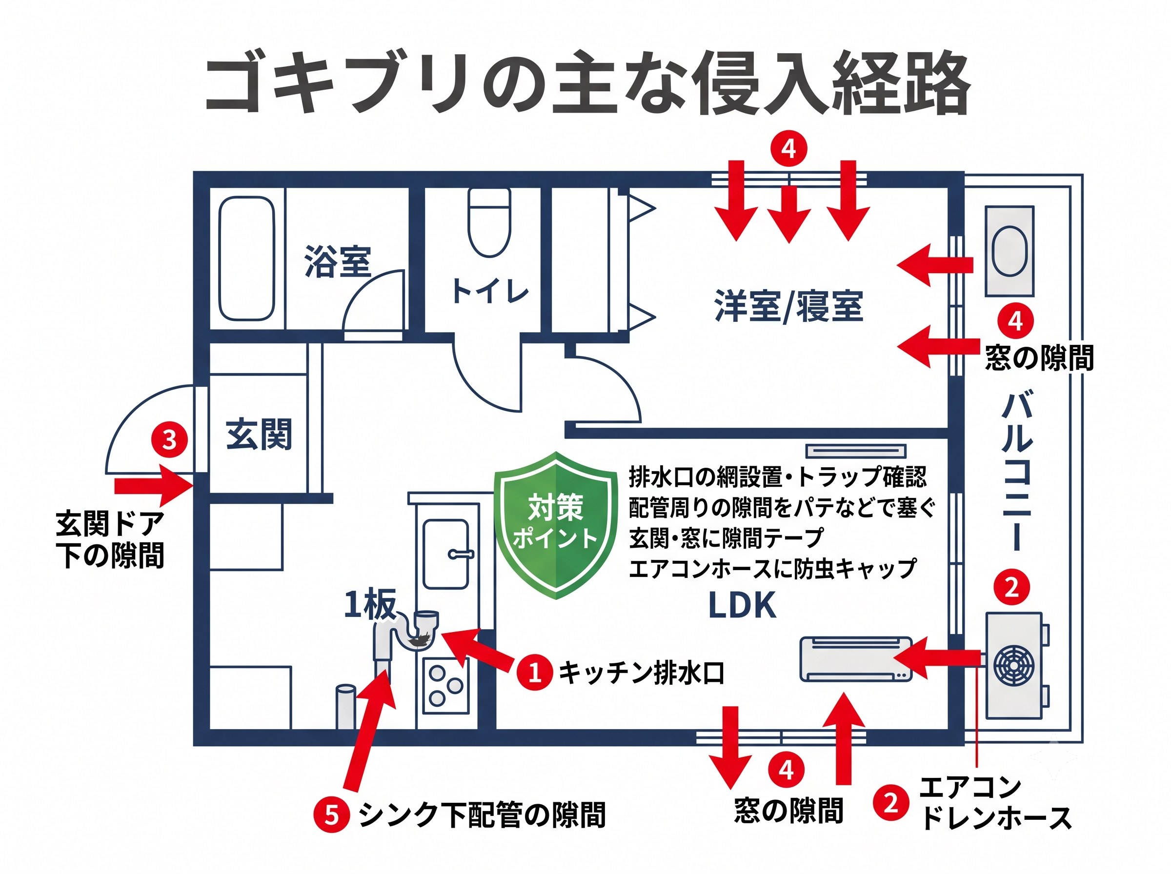 ゴキブリの主な侵入経路を間取り図に矢印で示した図解：排水口・ドレンホース・玄関・窓