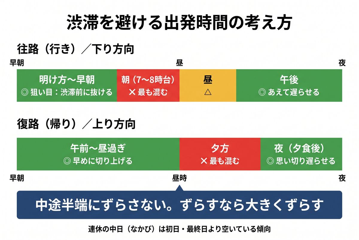 往路と復路それぞれの混雑時間帯と狙い目の出発時間を色分けで示した図解