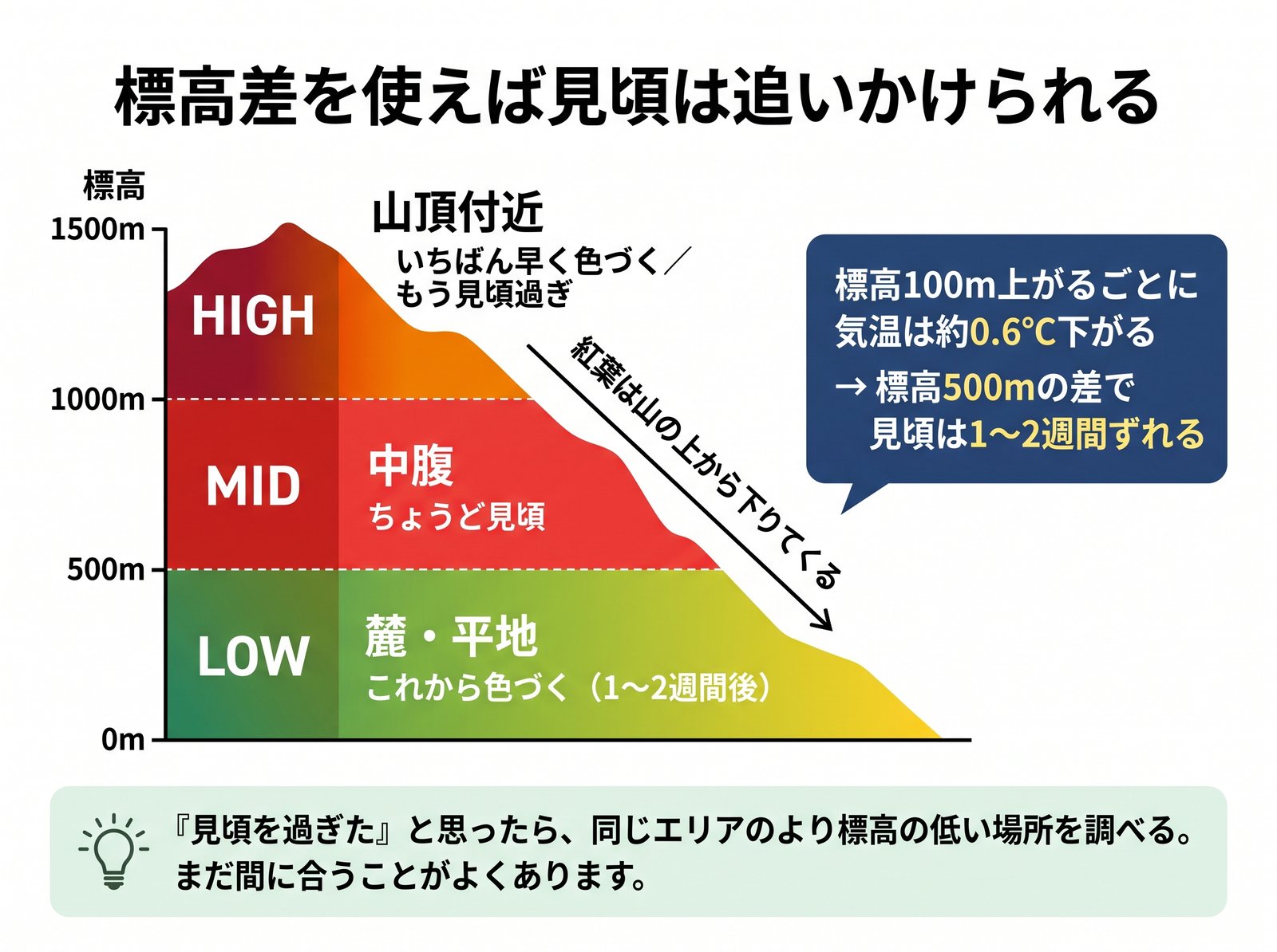 標高帯ごとに紅葉の見頃がずれることを山の断面図で示した図解