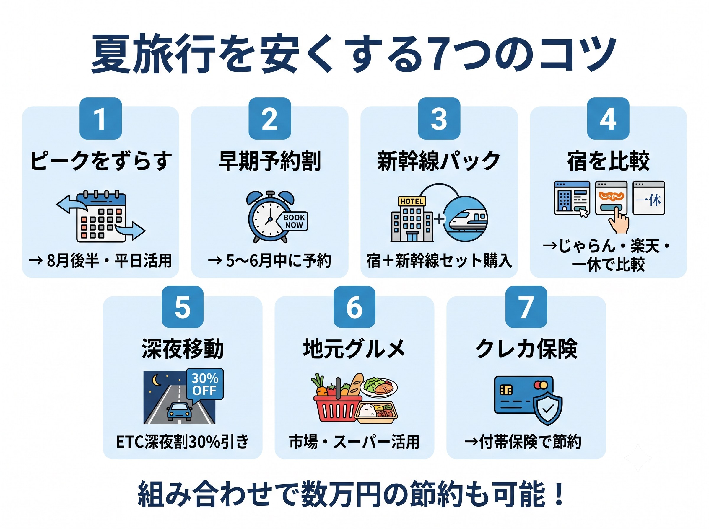 夏旅行を安くする7つのコツをカード形式でまとめた図解