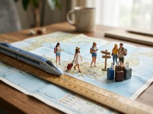 地図とスーツケースを地形に見立てたミニチュアジオラマ：夏の旅行代節約のイメージ