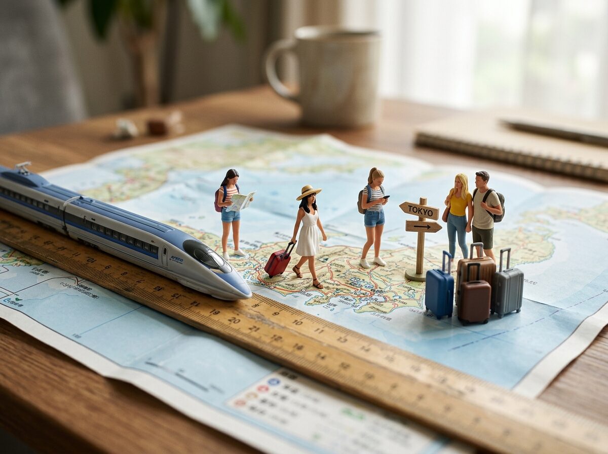 地図とスーツケースを地形に見立てたミニチュアジオラマ：夏の旅行代節約のイメージ