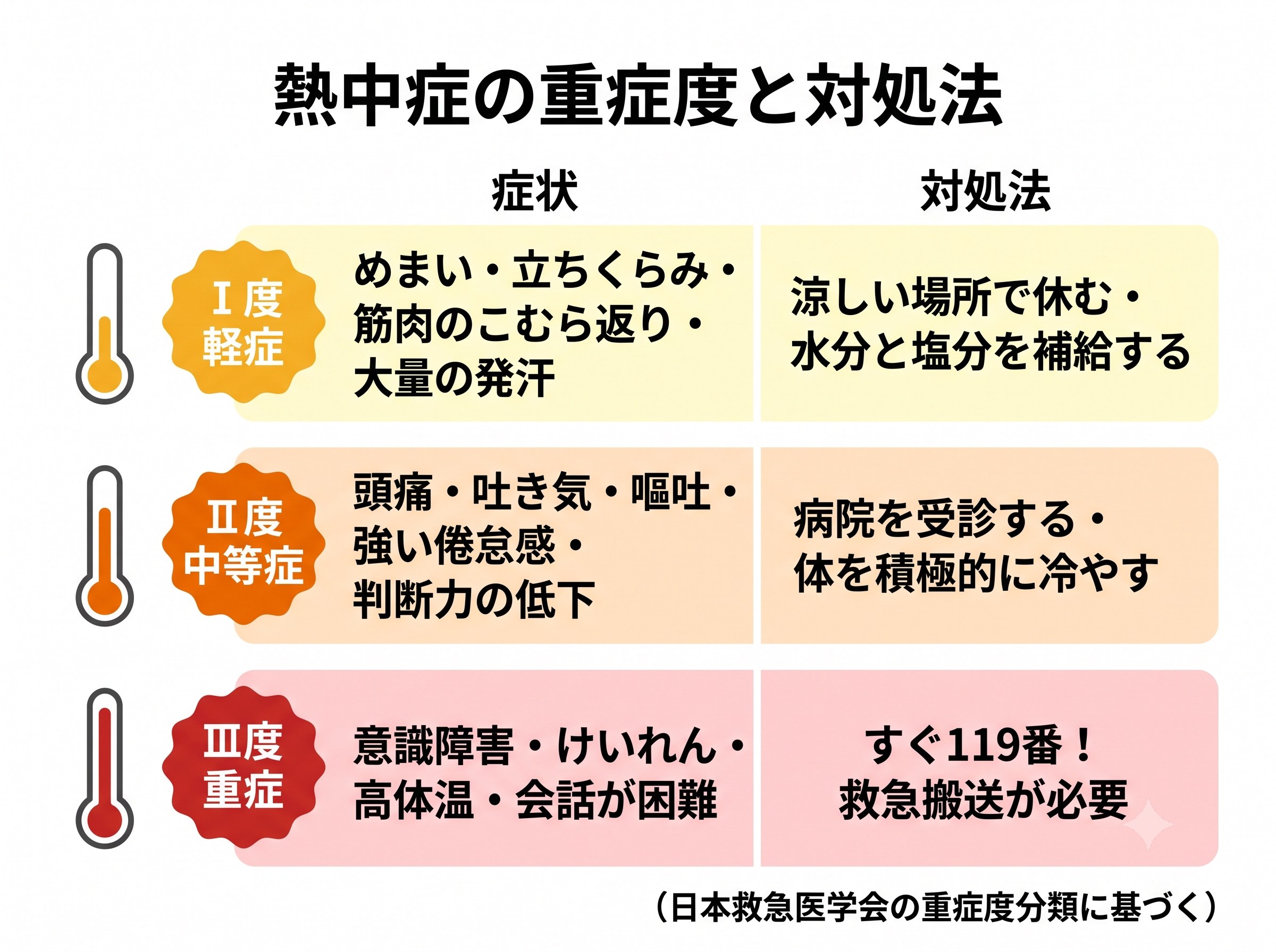 熱中症のⅠ度・Ⅱ度・Ⅲ度の重症度と応急処置を示した図解