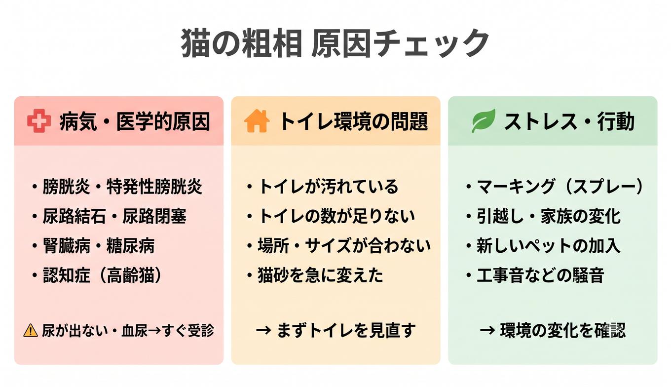 猫の粗相の原因を病気・環境・ストレスの3列に分類したチャート図解