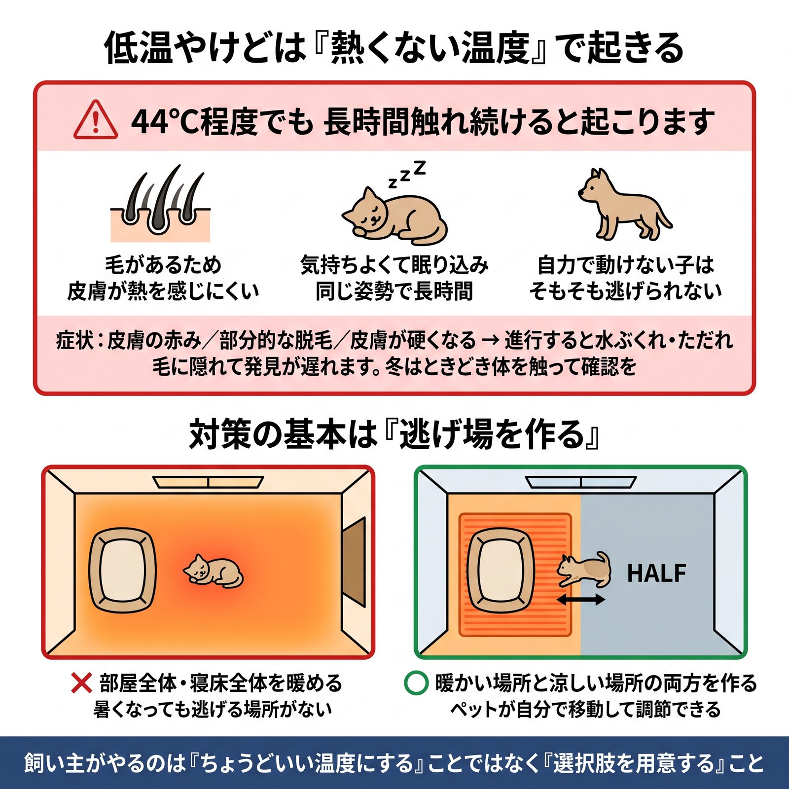 低温やけどが44℃程度でも起きる理由と、暖かい場所と涼しい場所の両方を作る対策を示した図解