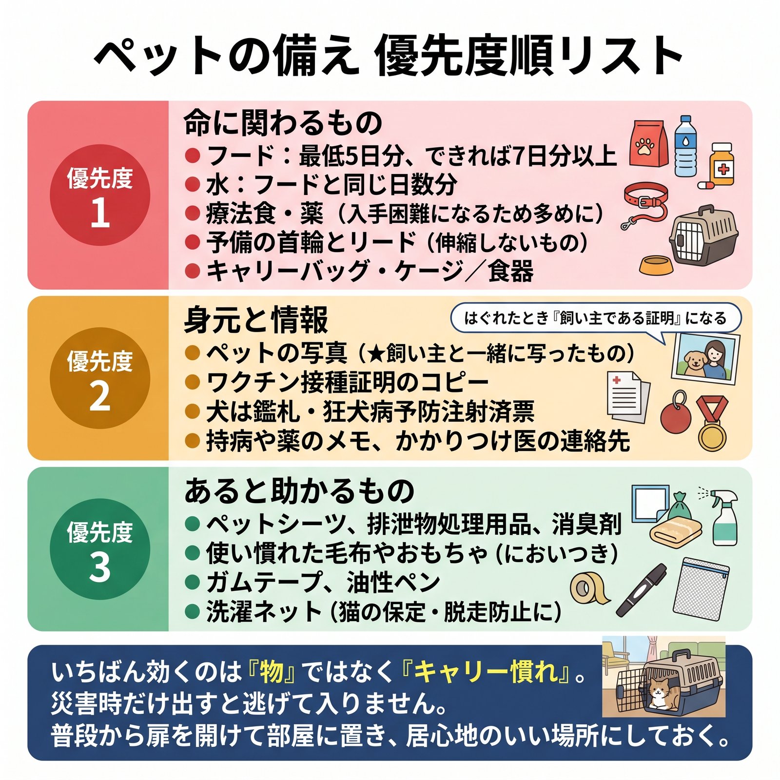 ペットの備えを優先度順に整理したリストと、キャリー慣らしの重要性を示した図解