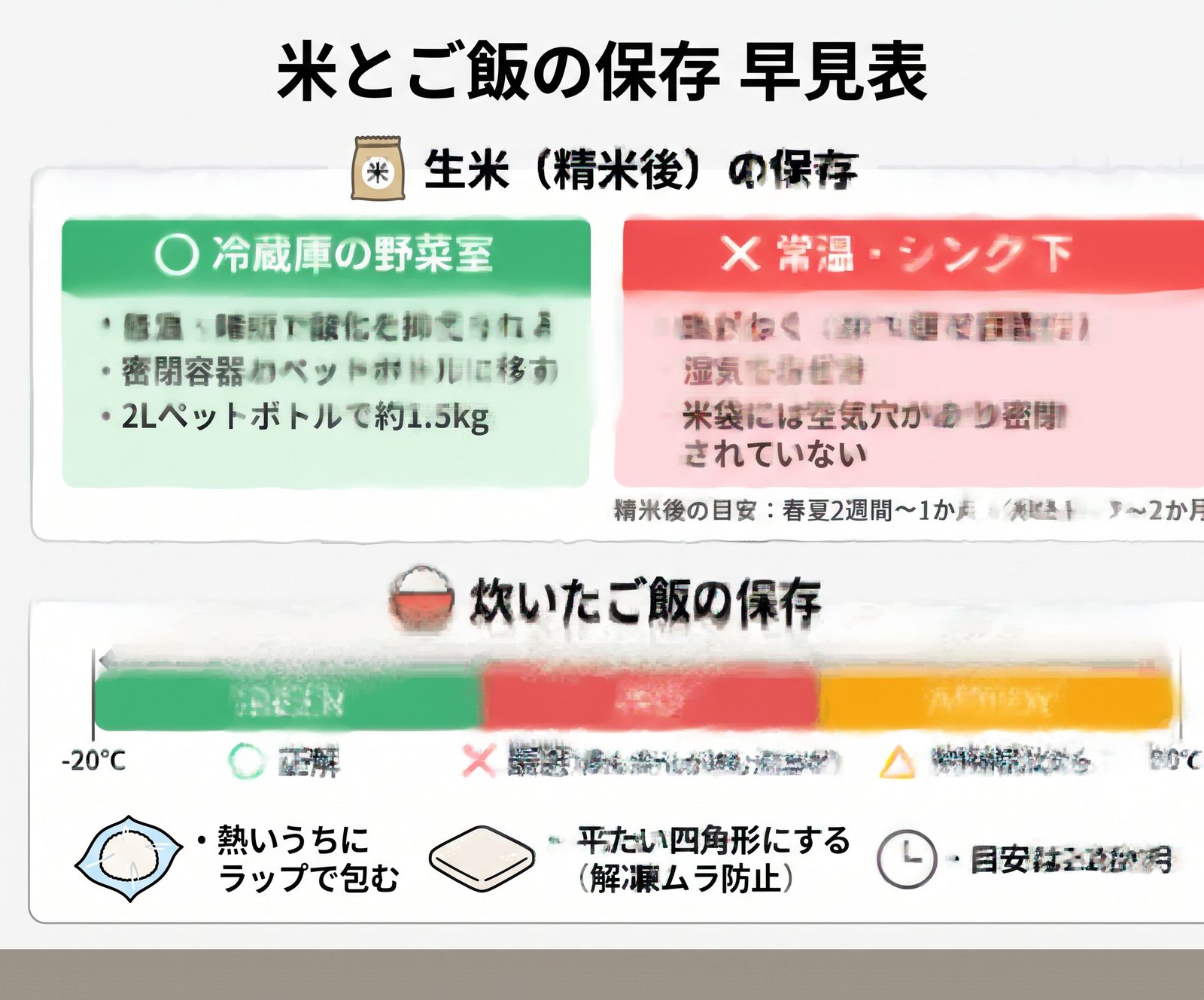 生米は野菜室・炊いたご飯は冷凍が正解であることを温度帯バーで示した保存早見表の図解
