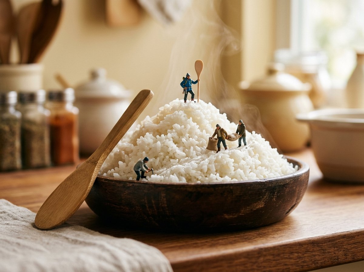 炊きたてのご飯を山に見立てたミニチュアジオラマ：新米のイメージ