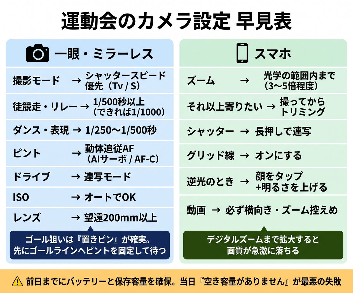 一眼レフとスマホそれぞれの運動会向けカメラ設定をまとめた早見表の図解