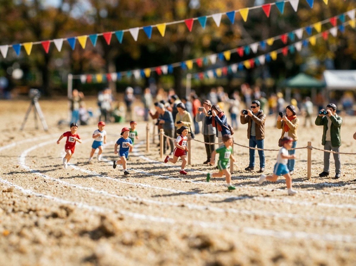 校庭のトラックを走る子どもと撮影する保護者のミニチュアジオラマ:運動会のイメージ