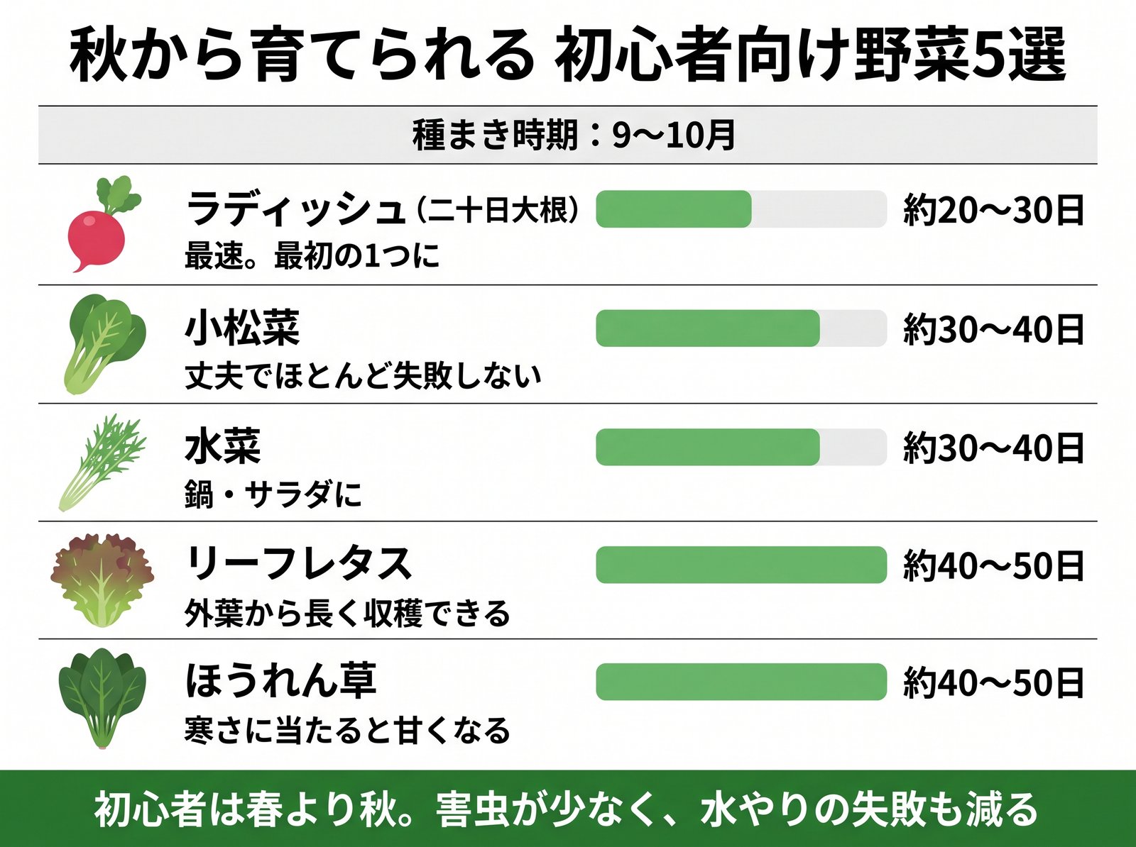 秋まきの初心者向け野菜5選と収穫までの日数を横棒グラフで比較した図解