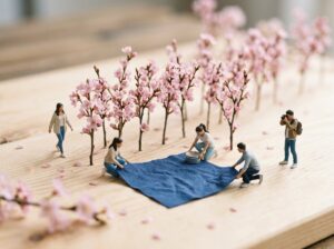 桜の小枝を並木に見立て、人形が青い布をレジャーシートのように広げるミニチュアジオラマ
