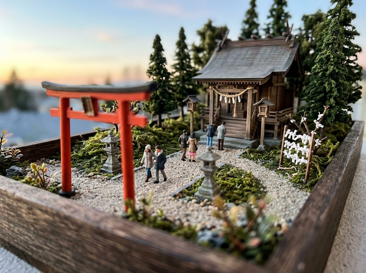 早朝の鳥居と参道を歩く人々のミニチュアジオラマ:初詣のイメージ