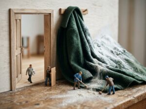 コートを花粉が積もった斜面に見立て、人形が丁寧に払い下ろすミニチュアジオラマ