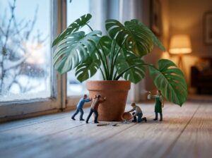 観葉植物の葉を丘に見立て、人形が鉢を窓から遠ざけ受け皿の水を捨てるミニチュアジオラマ