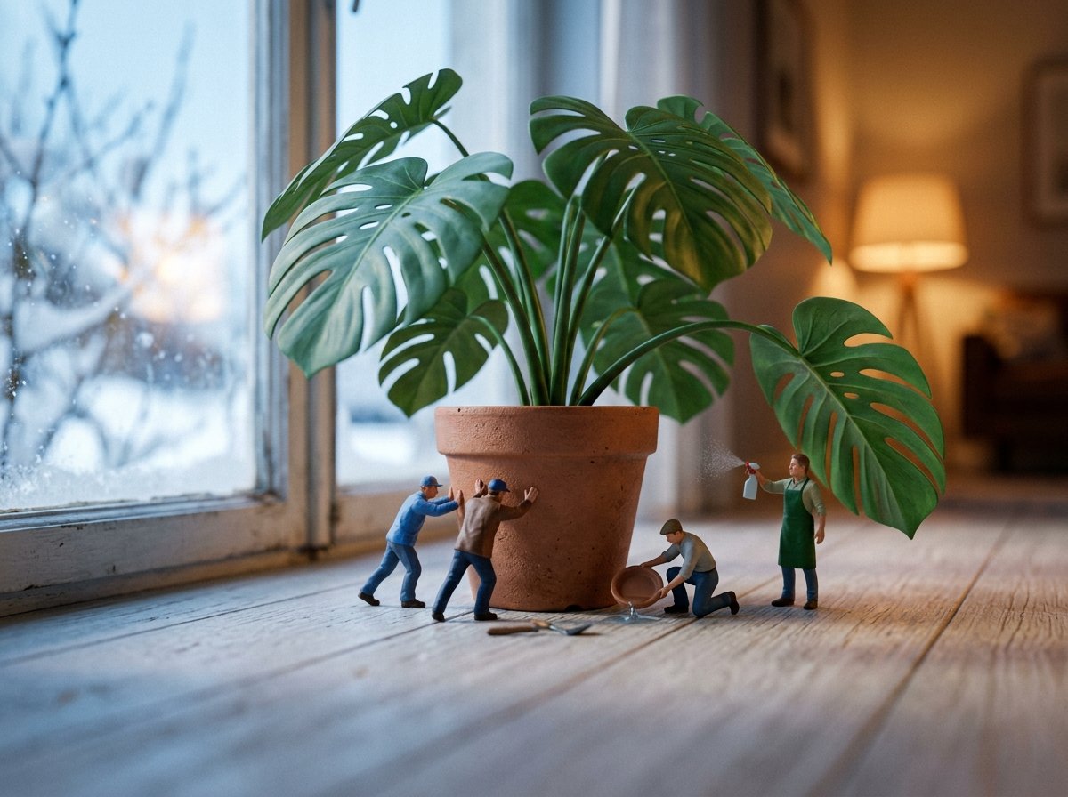 観葉植物の葉を丘に見立て、人形が鉢を窓から遠ざけ受け皿の水を捨てるミニチュアジオラマ