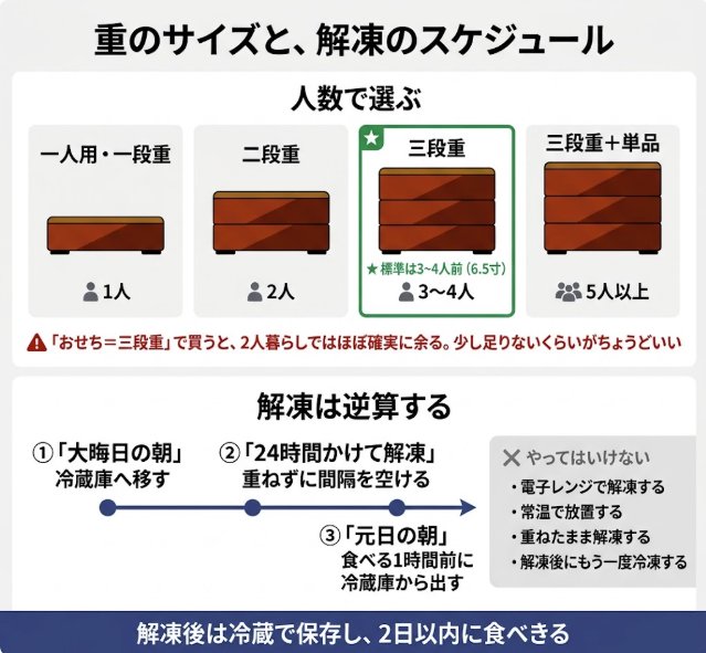 人数別の重のサイズの目安と、冷凍おせちの解凍スケジュールをまとめた図解
