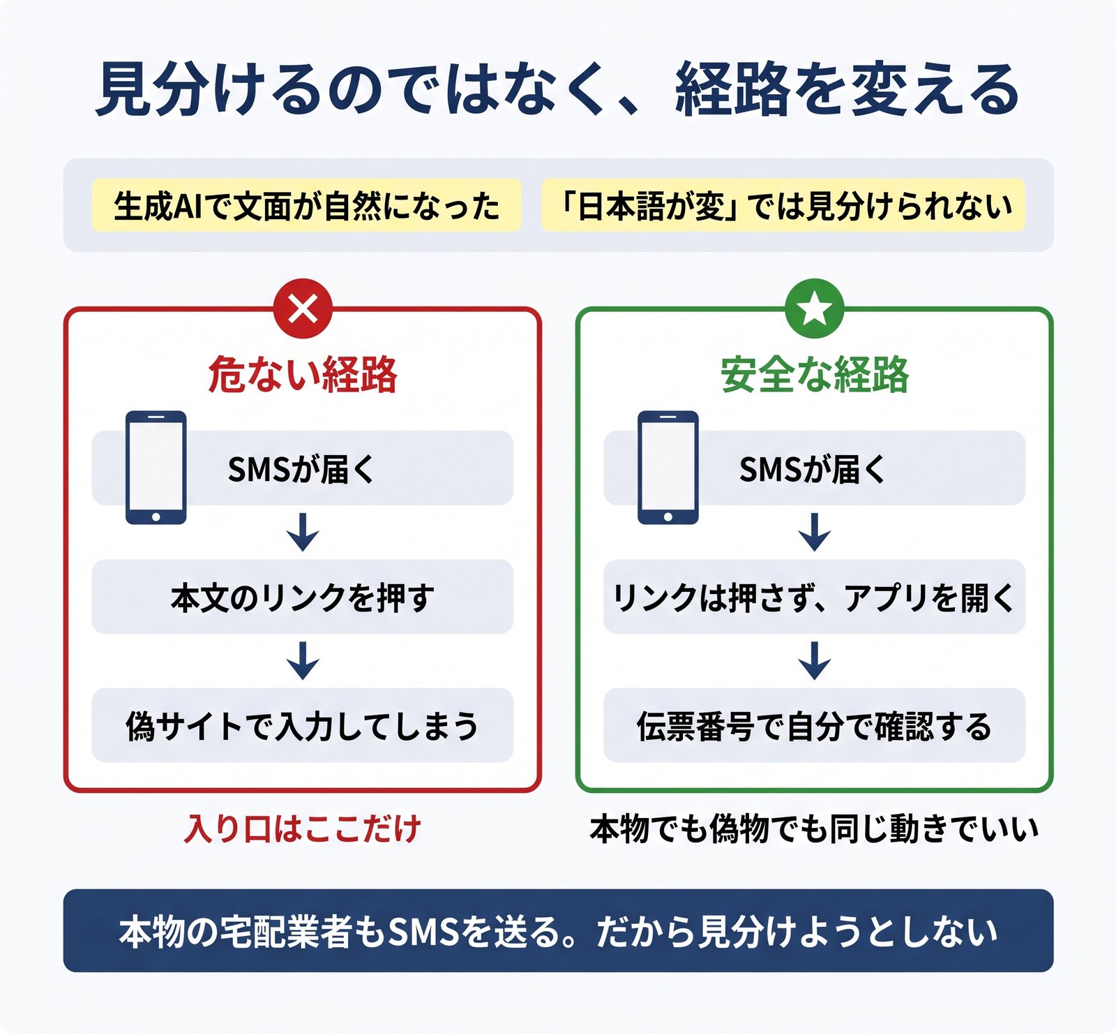 偽SMSのリンクを押す危ない経路と、公式アプリで自分で確認する安全な経路を対比した図解