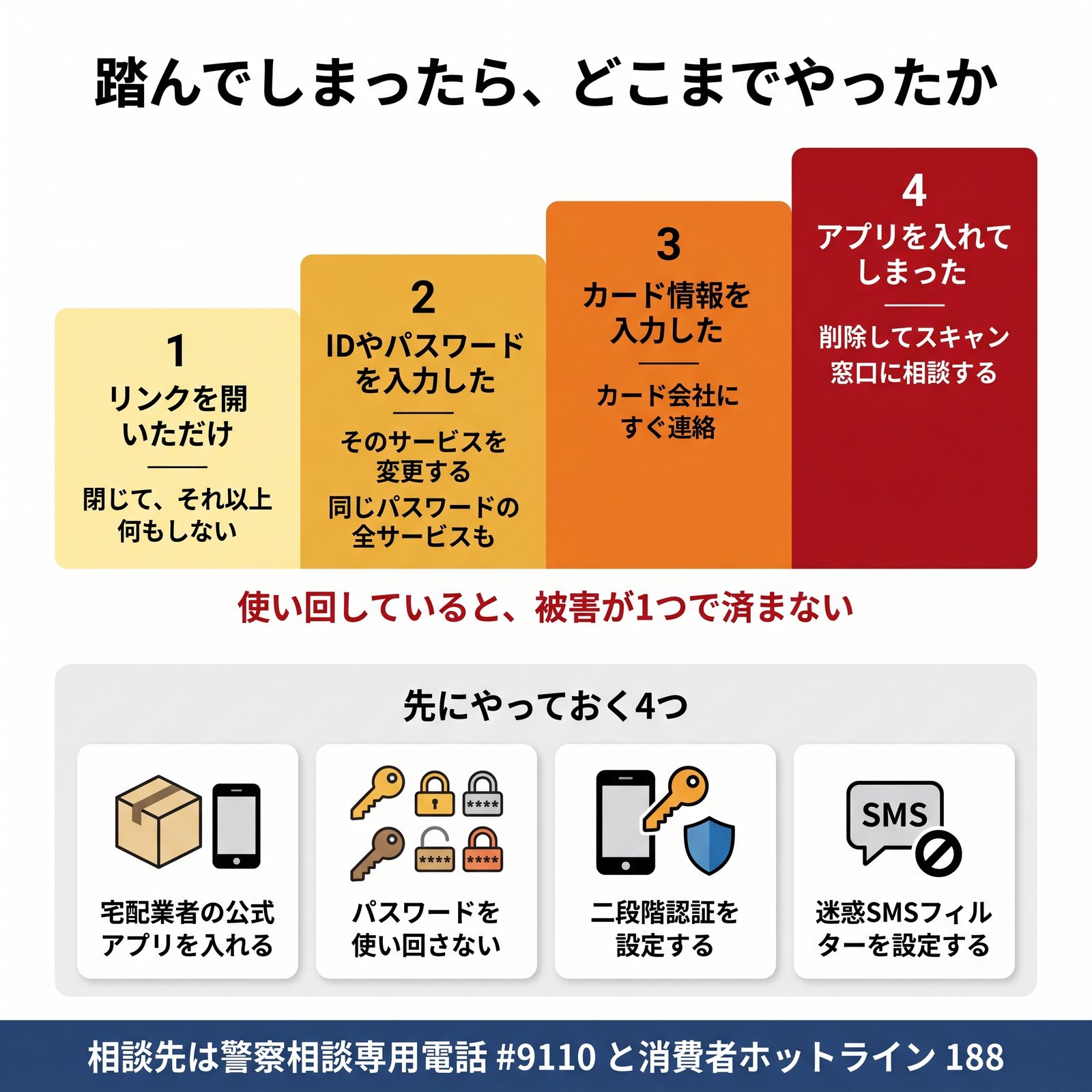 偽SMSを踏んでしまったときの4段階の対処と、先にやっておく4つの予防策をまとめた図解
