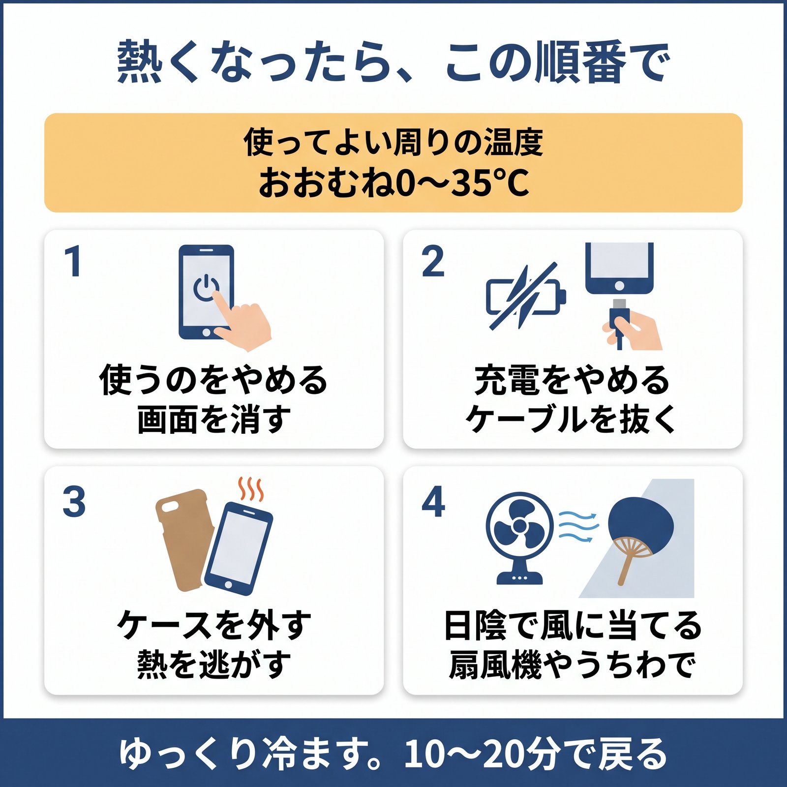 熱くなったスマホを冷ます4つの手順と、使ってよい周りの温度の目安をまとめた図解