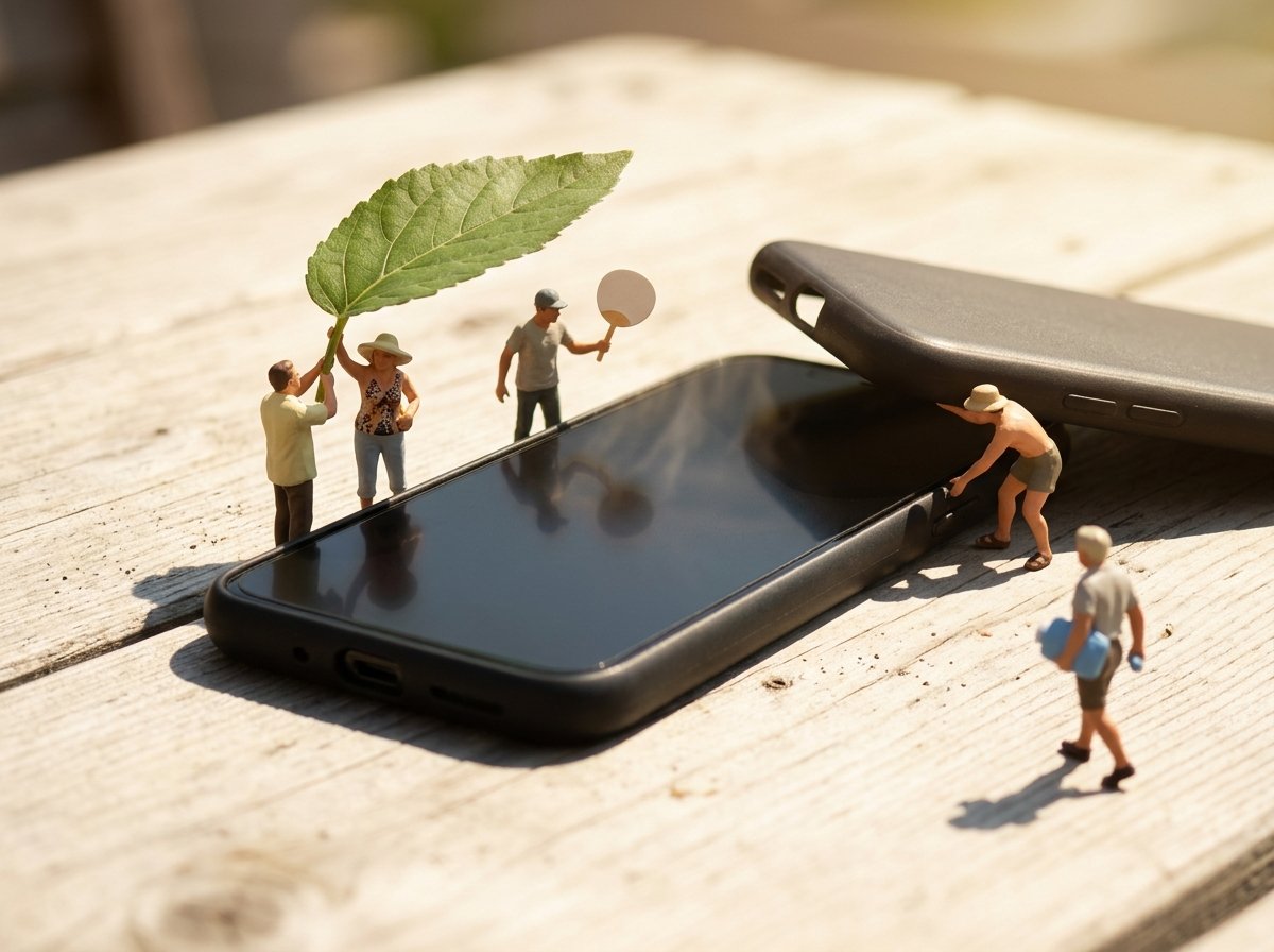 夏の日ざしの中のスマホを、人形が葉っぱの日がさとうちわで冷まし、保冷剤を持って離れていくミニチュアジオラマ