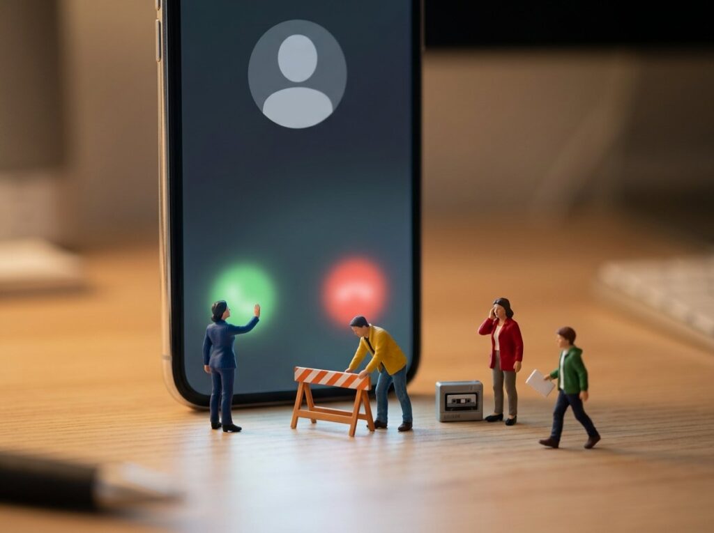 着信中のスマホを門に見立て、人形が手で制したりバリケードを置いたりしているミニチュアジオラマ