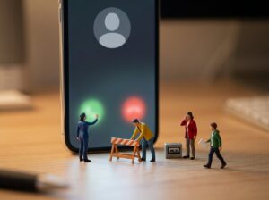着信中のスマホを門に見立て、人形が手で制したりバリケードを置いたりしているミニチュアジオラマ