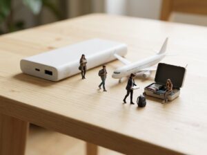 白いモバイルバッテリーと模型の飛行機のそばで、人形がスーツケースからバッテリーを出してリュックへ移しているミニチュアジオラマ