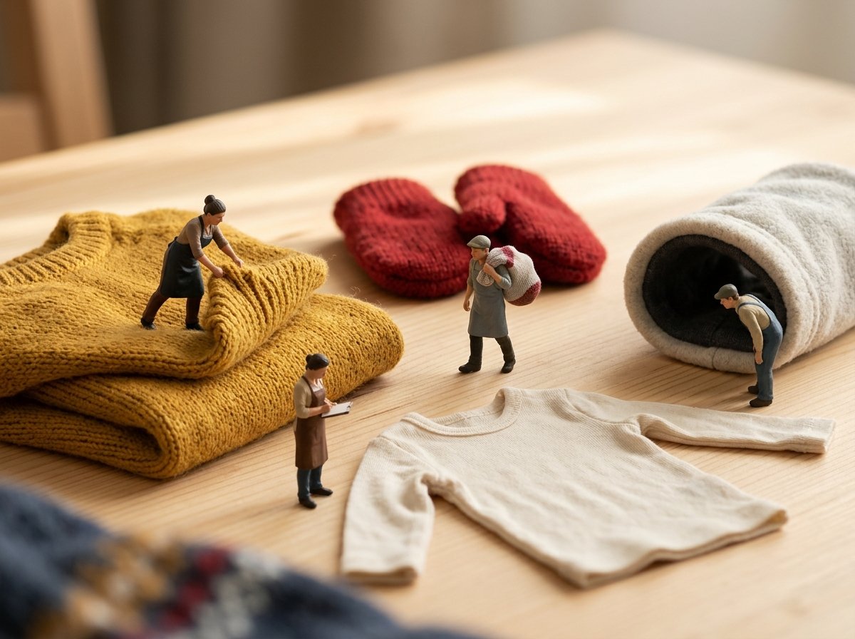 子ども服や手袋を地形に見立てて、人形がセーターをたたんだり服の枚数を数えたりしているミニチュアジオラマ