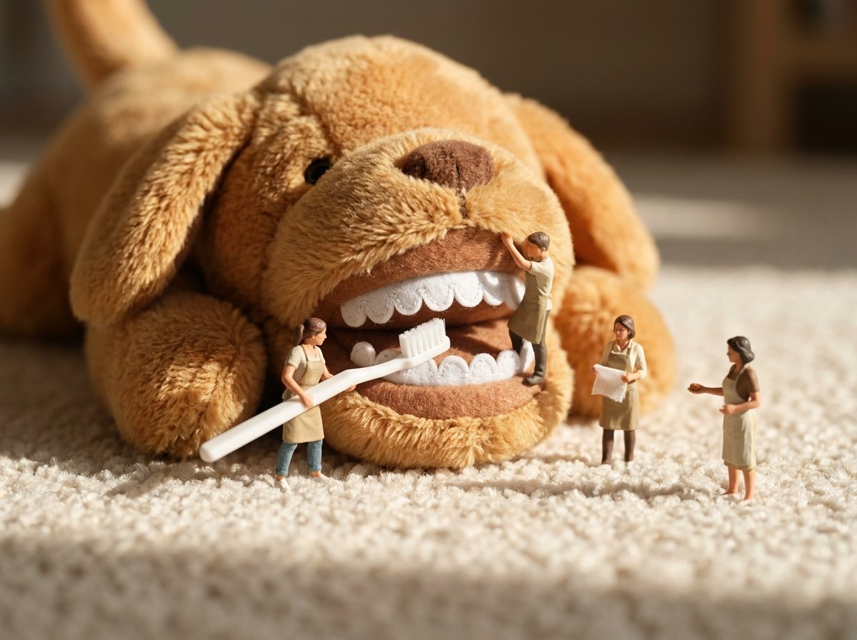 大きな犬のぬいぐるみの口を見立てて、人形が歯ブラシやガーゼで歯磨きをしているミニチュアジオラマ